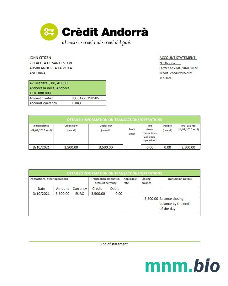 Szablon wyciągu bankowego Andorra BancSabadell d ' Andorra w formacie Excel i PDF